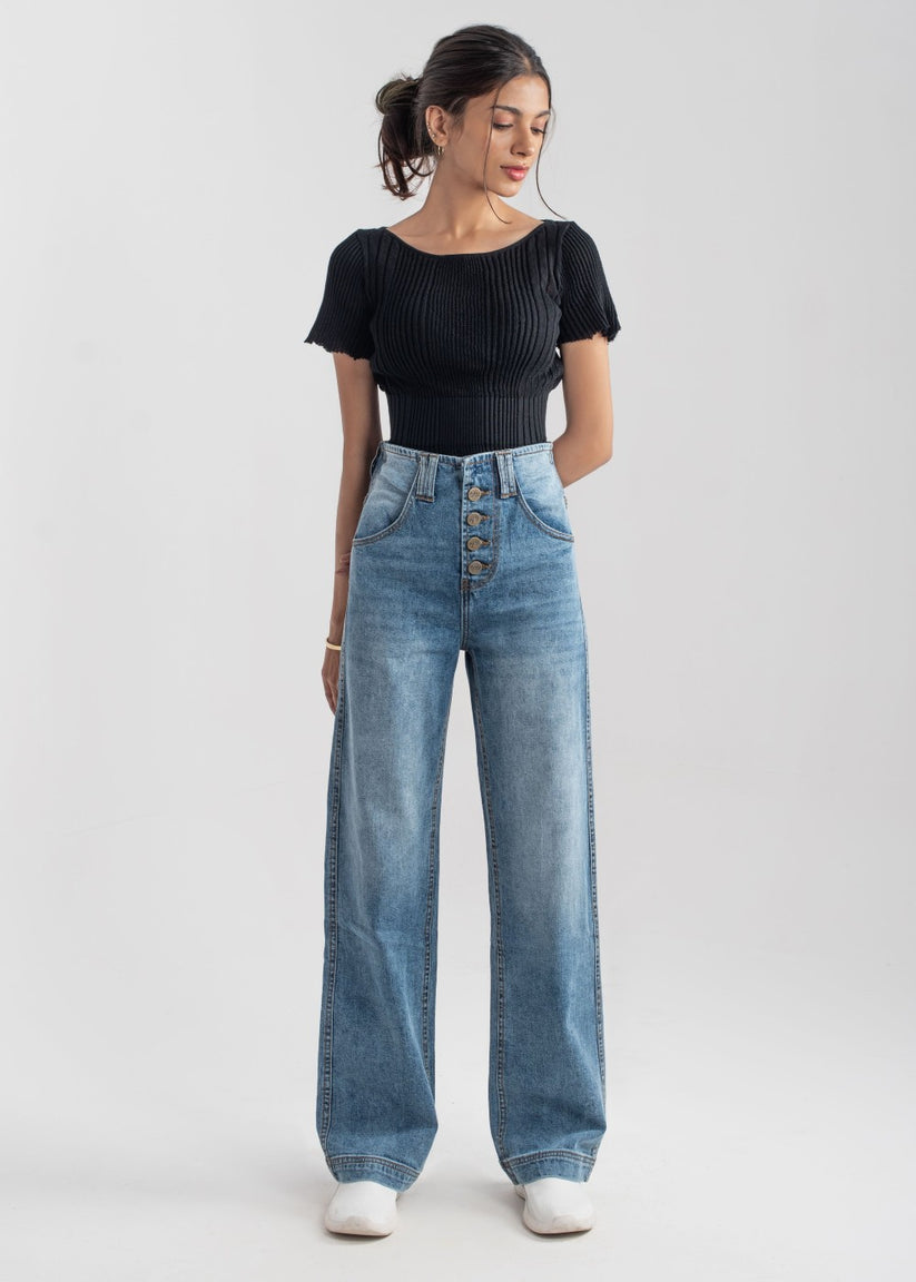 Women's Mid Blue Wide Leg button jeans 