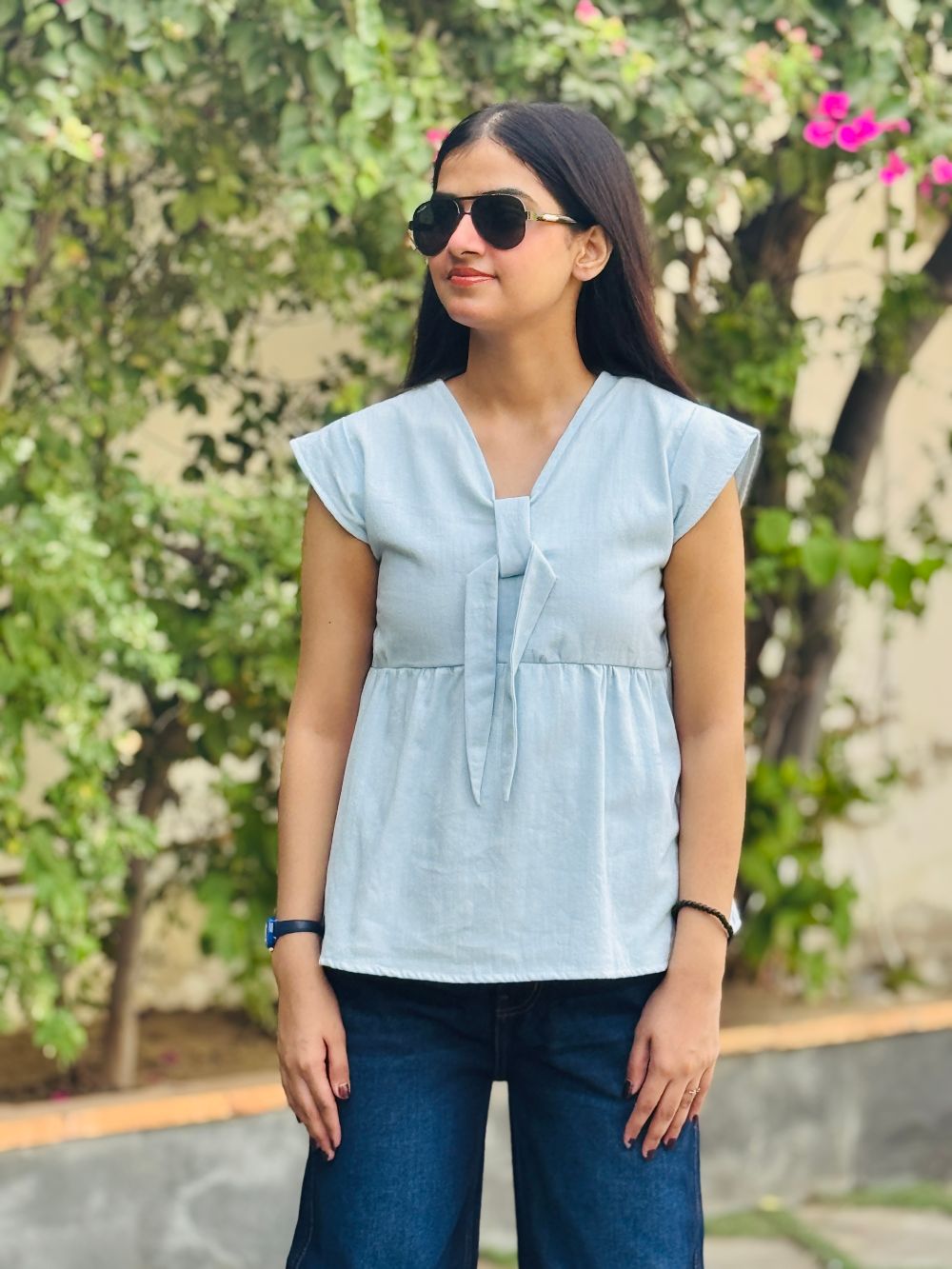 Peplum Bow Top Pastel Blue 