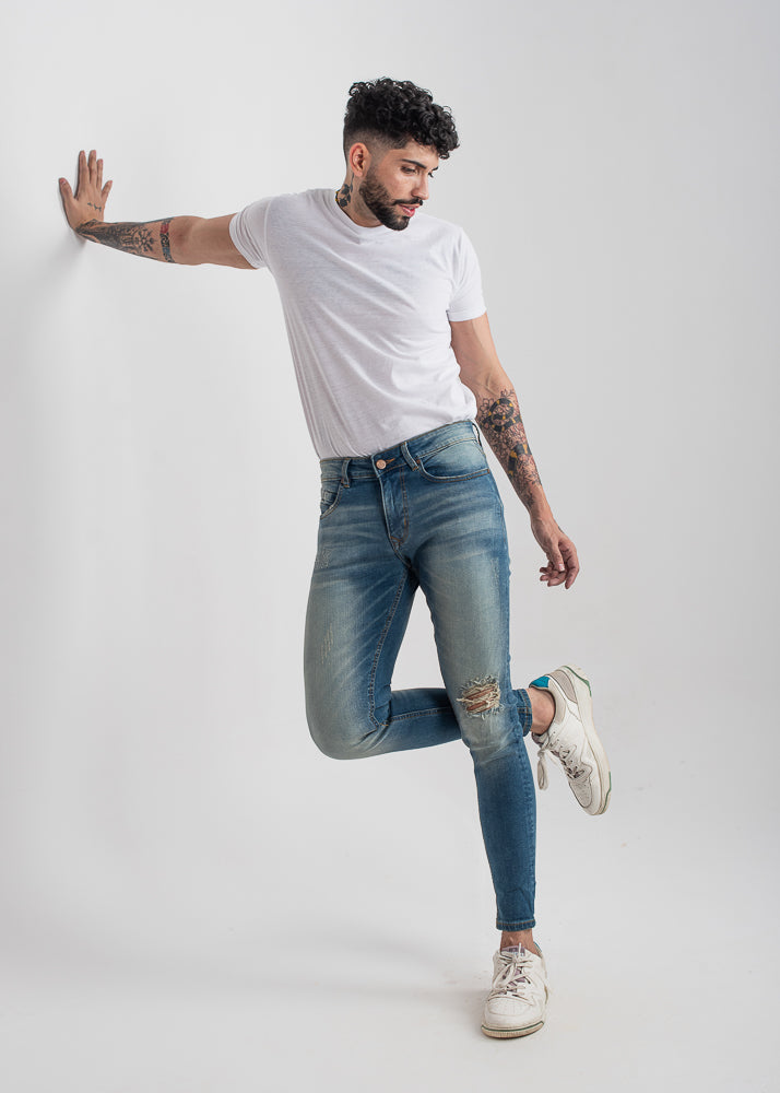 sand-blasted light blue skinny ripped jeans men low-rise stretch denim