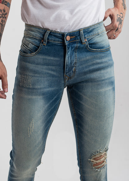 sand-blasted light blue skinny ripped jeans men low-rise stretch denim