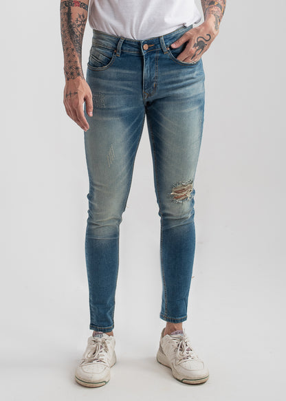sand-blasted light blue skinny ripped jeans men low-rise stretch denim