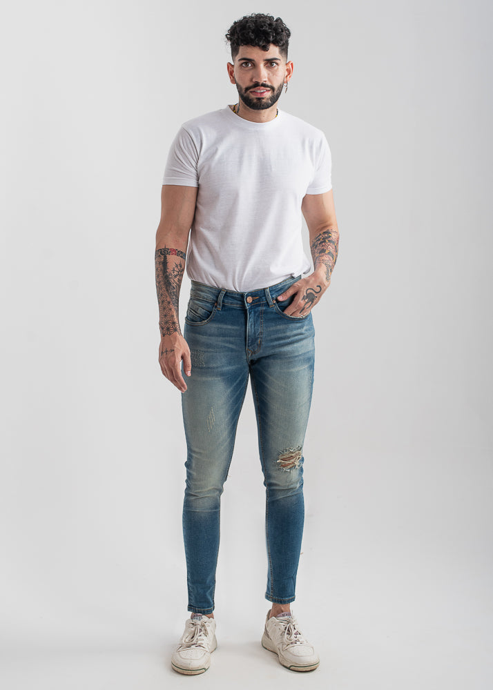 sand-blasted light blue skinny ripped jeans men low-rise stretch denim