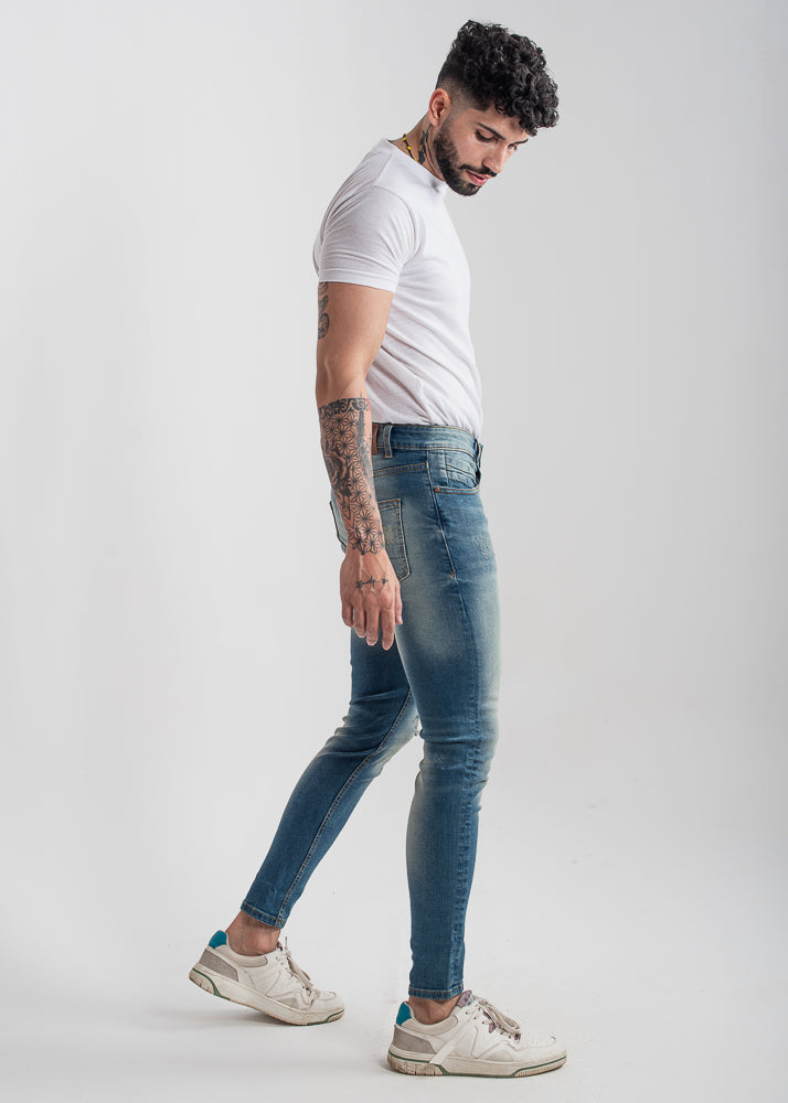 sand-blasted light blue skinny ripped jeans men low-rise stretch denim