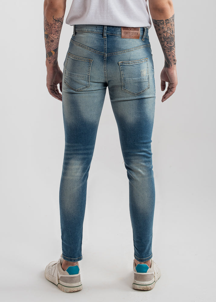 sand-blasted light blue skinny ripped jeans men low-rise stretch denim