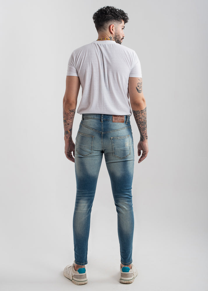 sand-blasted light blue skinny ripped jeans men low-rise stretch denim