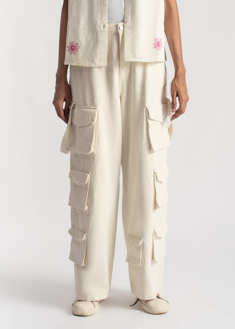 White Multi Pocket Cargo Jeans Women 