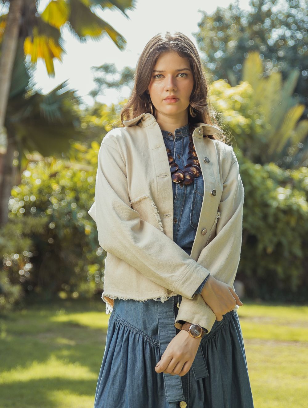 Women's Beige Patched Jacket with Ruffle Edges