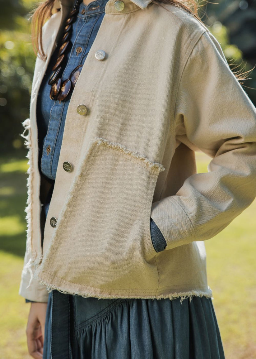 Women's Beige Patched Jacket with Ruffle Edges