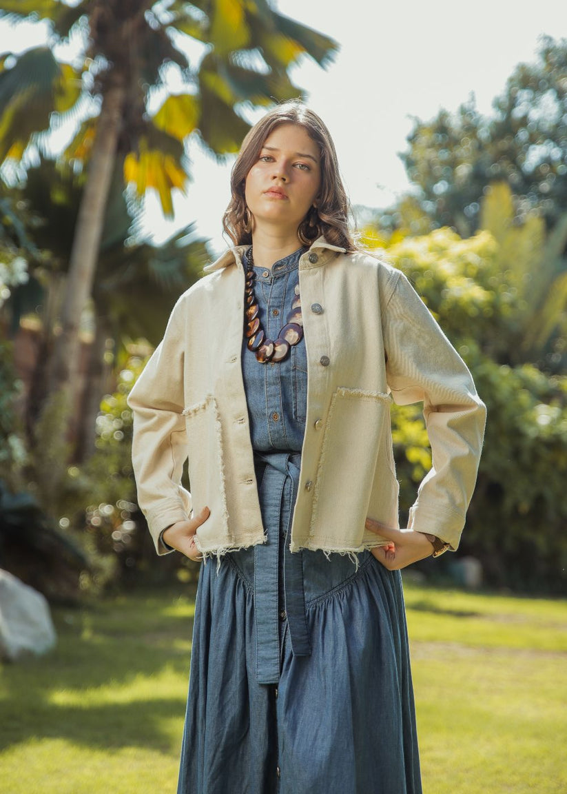 Women's Beige Patched Jacket with Ruffle Edges