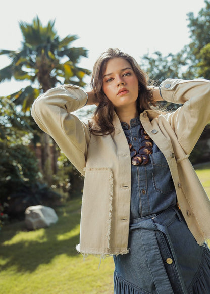 Women's Beige Patched Jacket with Ruffle Edges
