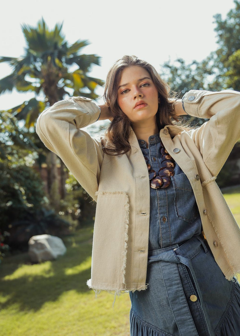 Women's Beige Patched Jacket with Ruffle Edges