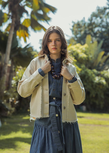 Women's Beige Patched Jacket with Ruffle Edges