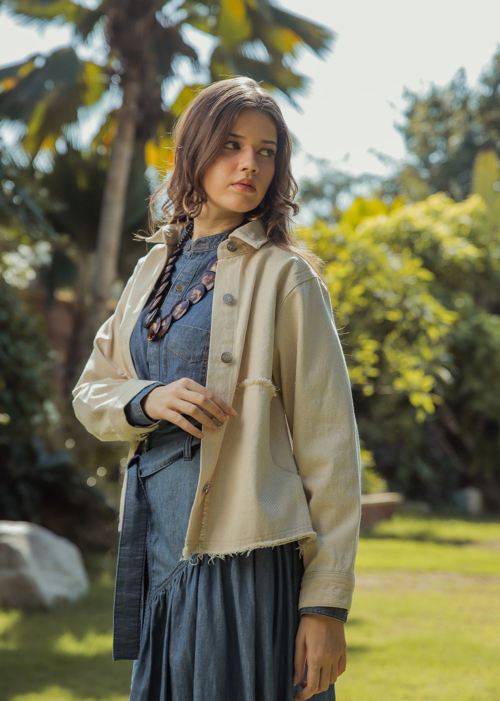 Women's Beige Patched Jacket with Ruffle Edges