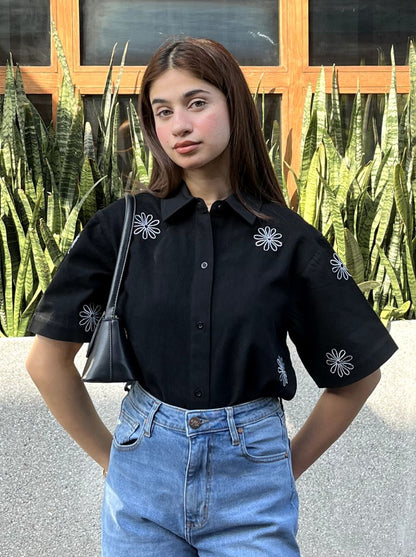 Women's Black Floral Boxy Shirt