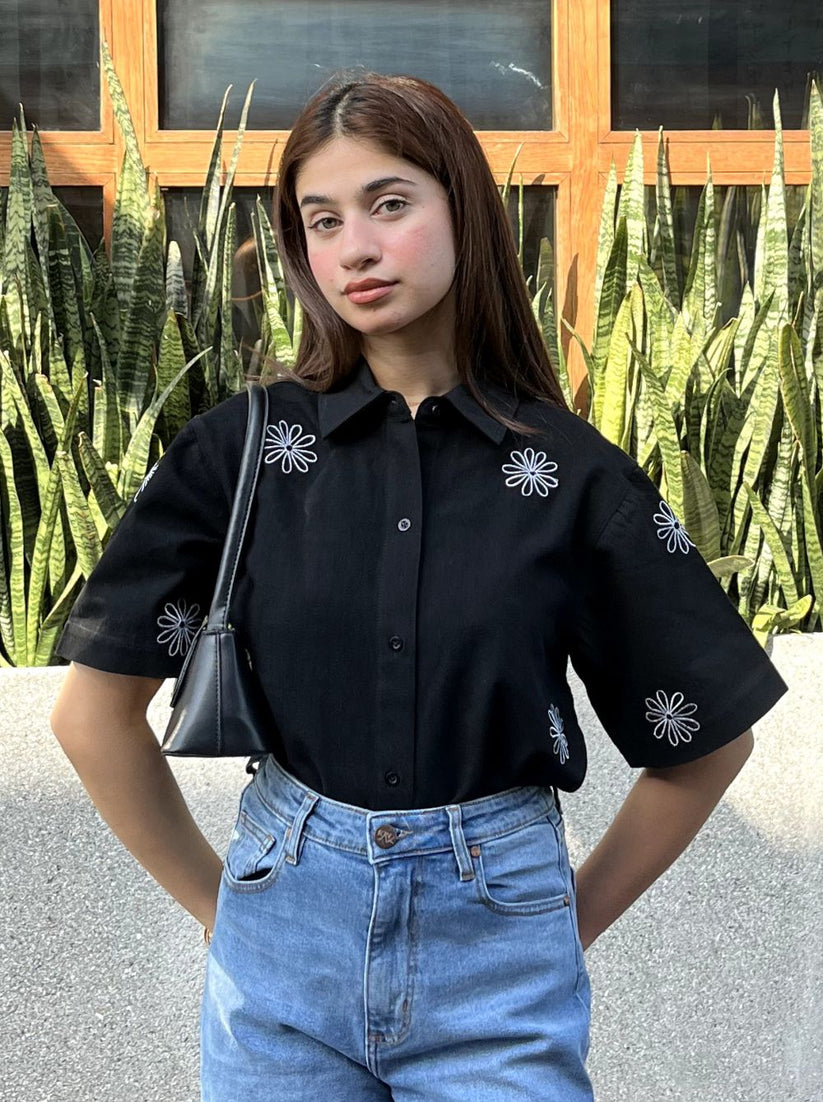 Women's Black Floral Boxy Shirt