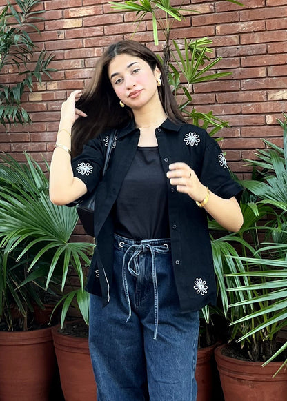 Women's Black Floral Boxy Shirt