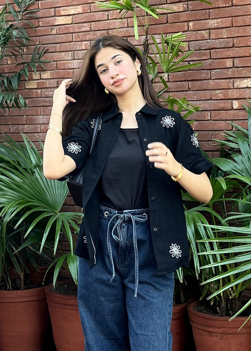 Women's Black Floral Boxy Shirt