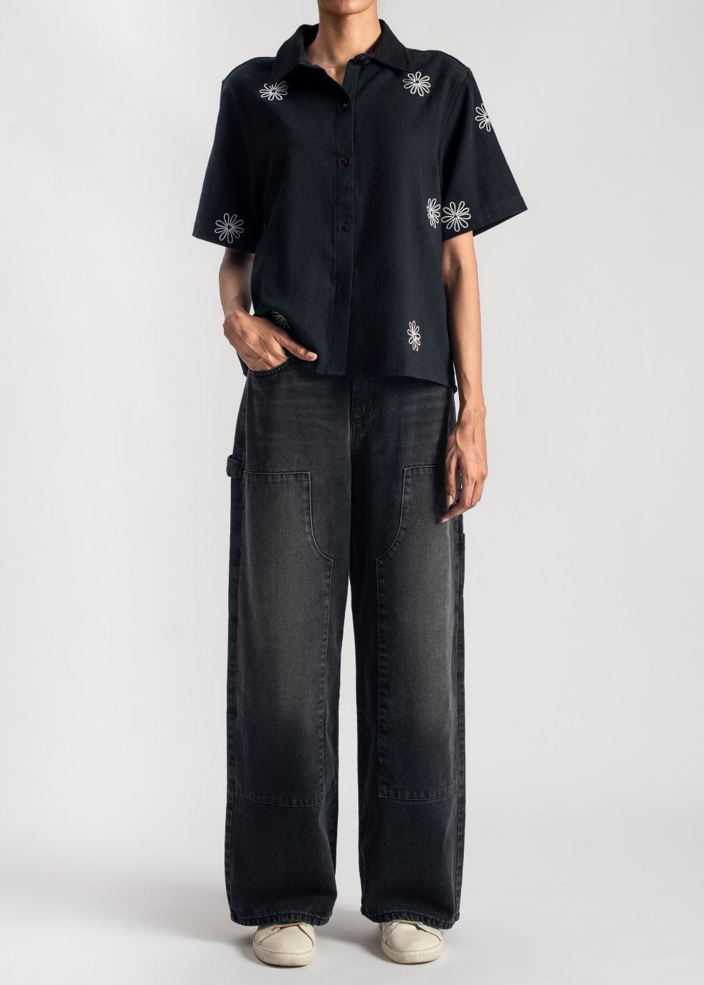 Women's Black Floral Boxy Shirt