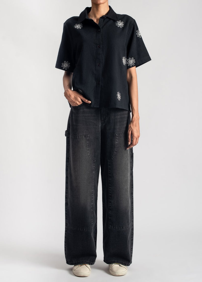 Women's Black Floral Boxy Shirt