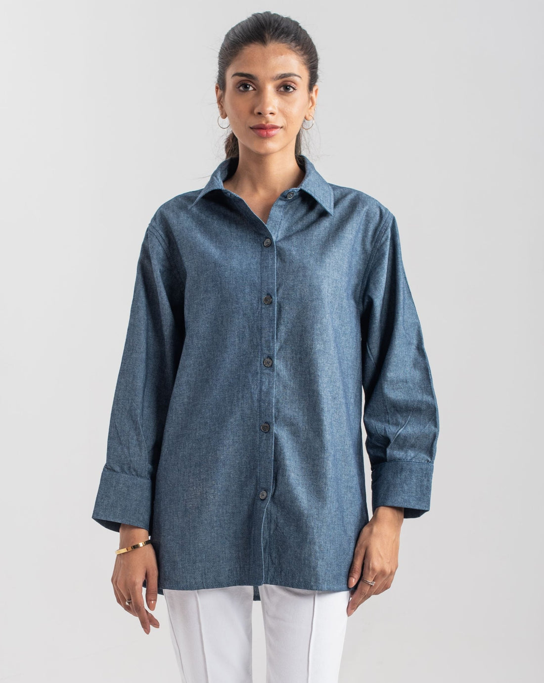 Women's Blue Chambray Shirt with a Collar