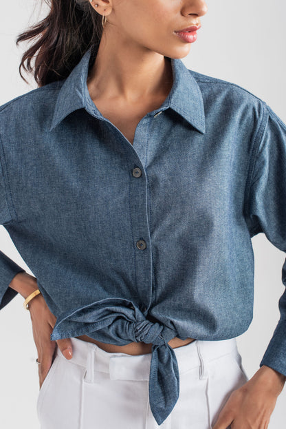 Women's Blue Chambray Shirt with a Collar