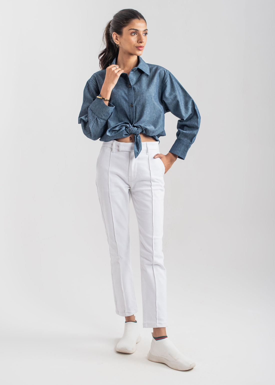 Women's Blue Chambray Shirt with a Collar