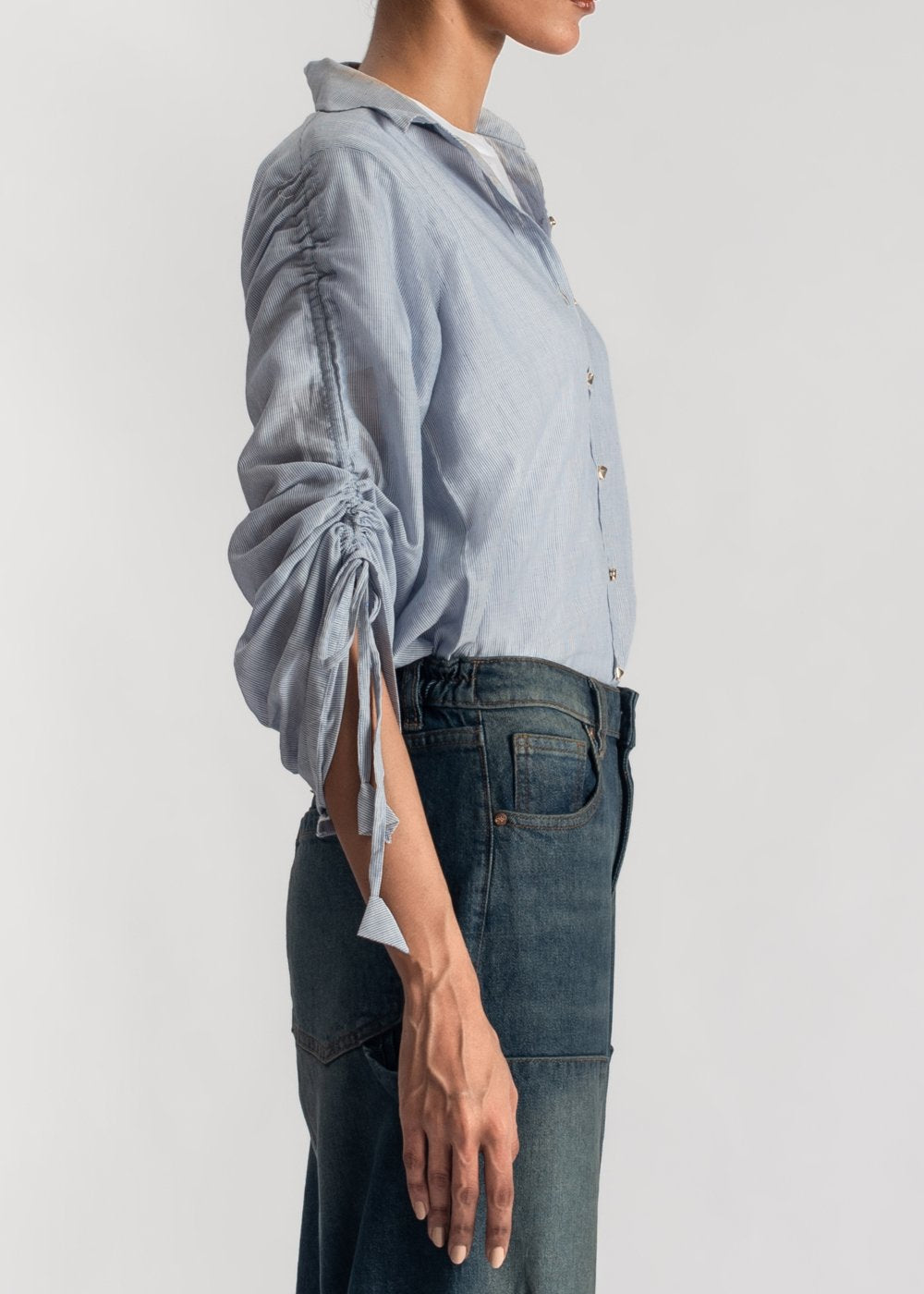Women's Blue Shirt with Stringed Sleeves 