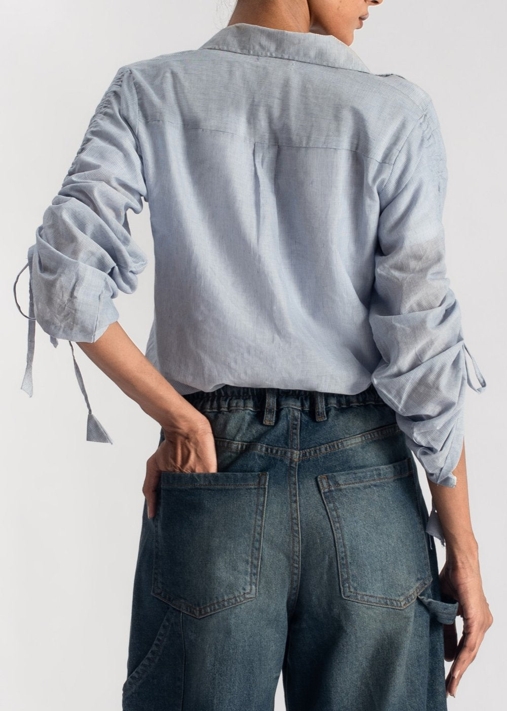 Women's Blue Shirt with Stringed Sleeves 