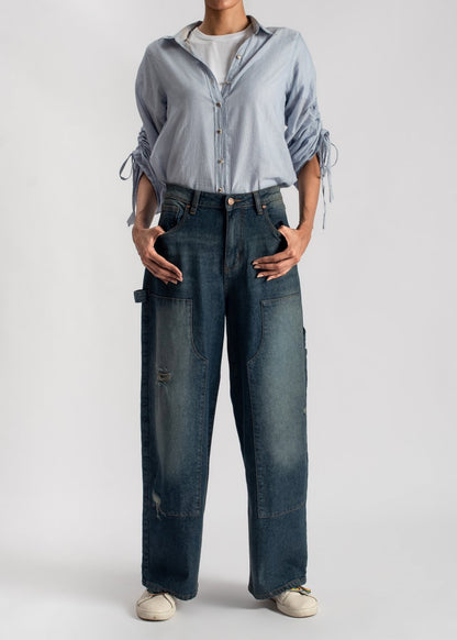 Women's Blue Shirt with Stringed Sleeves 