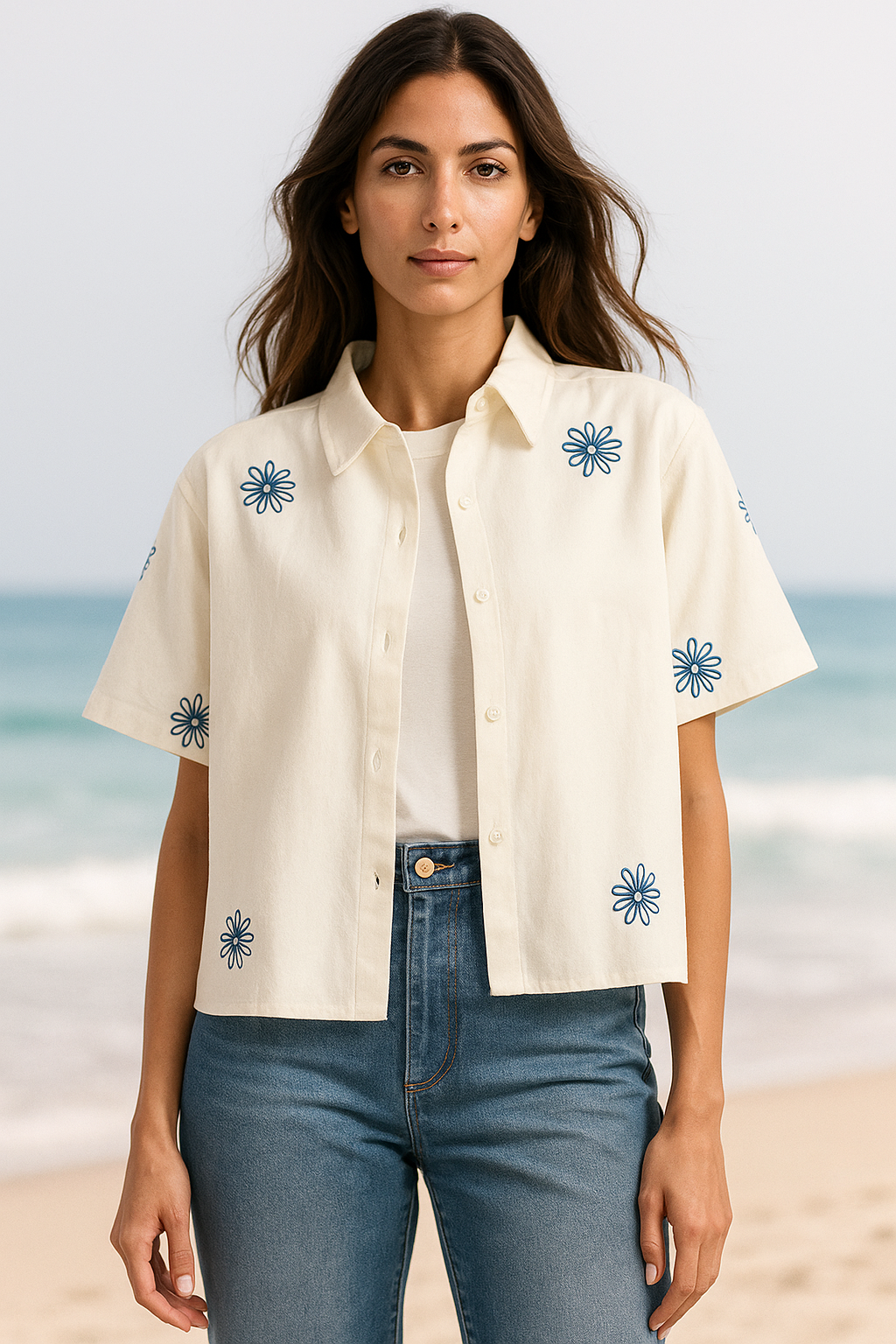 Women's Boxy Shirt in Blue with Intricate Floral Embroidery