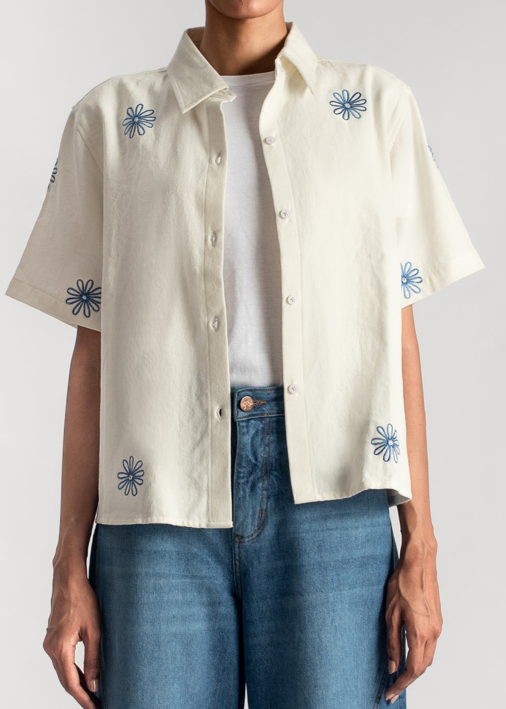 Women's Boxy Shirt in Blue with Intricate Floral Embroidery