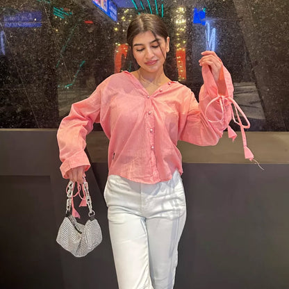 Women's Button Down Shirt in Peach Pink with Stringed Sleeves