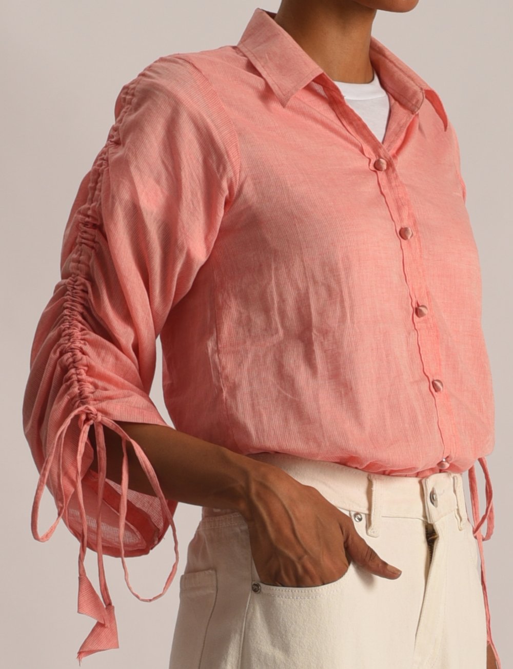 Women's Button Down Shirt in Peach Pink with Stringed Sleeves