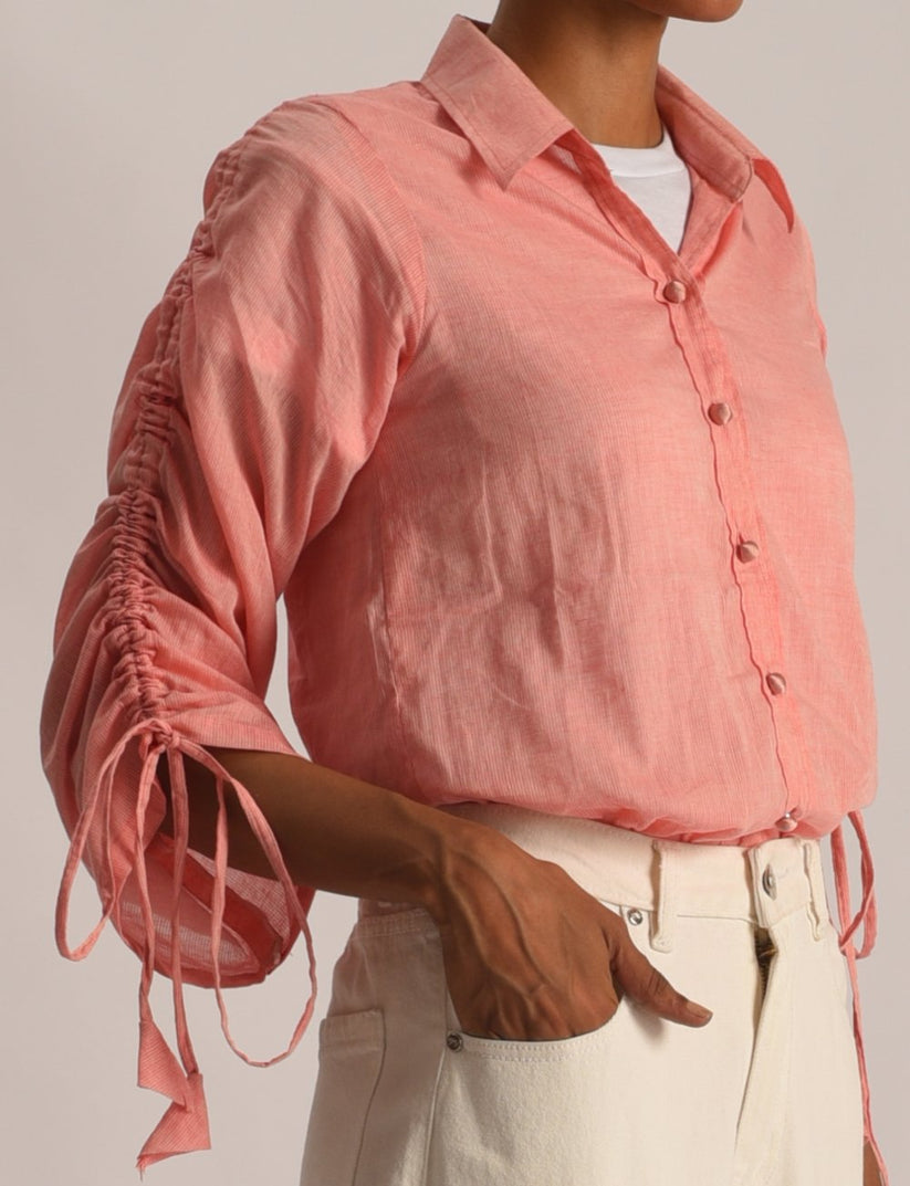 Women's Button Down Shirt in Peach Pink with Stringed Sleeves