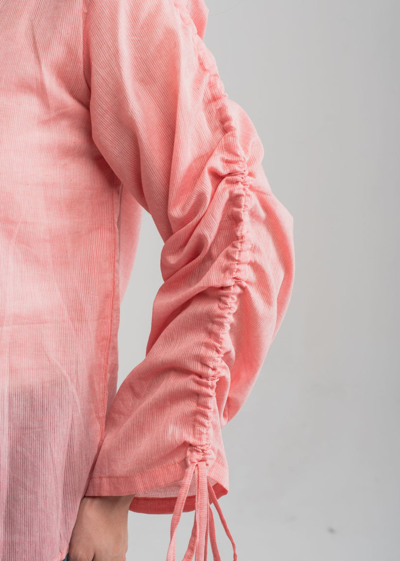 Women's Button Down Shirt in Peach Pink with Stringed Sleeves