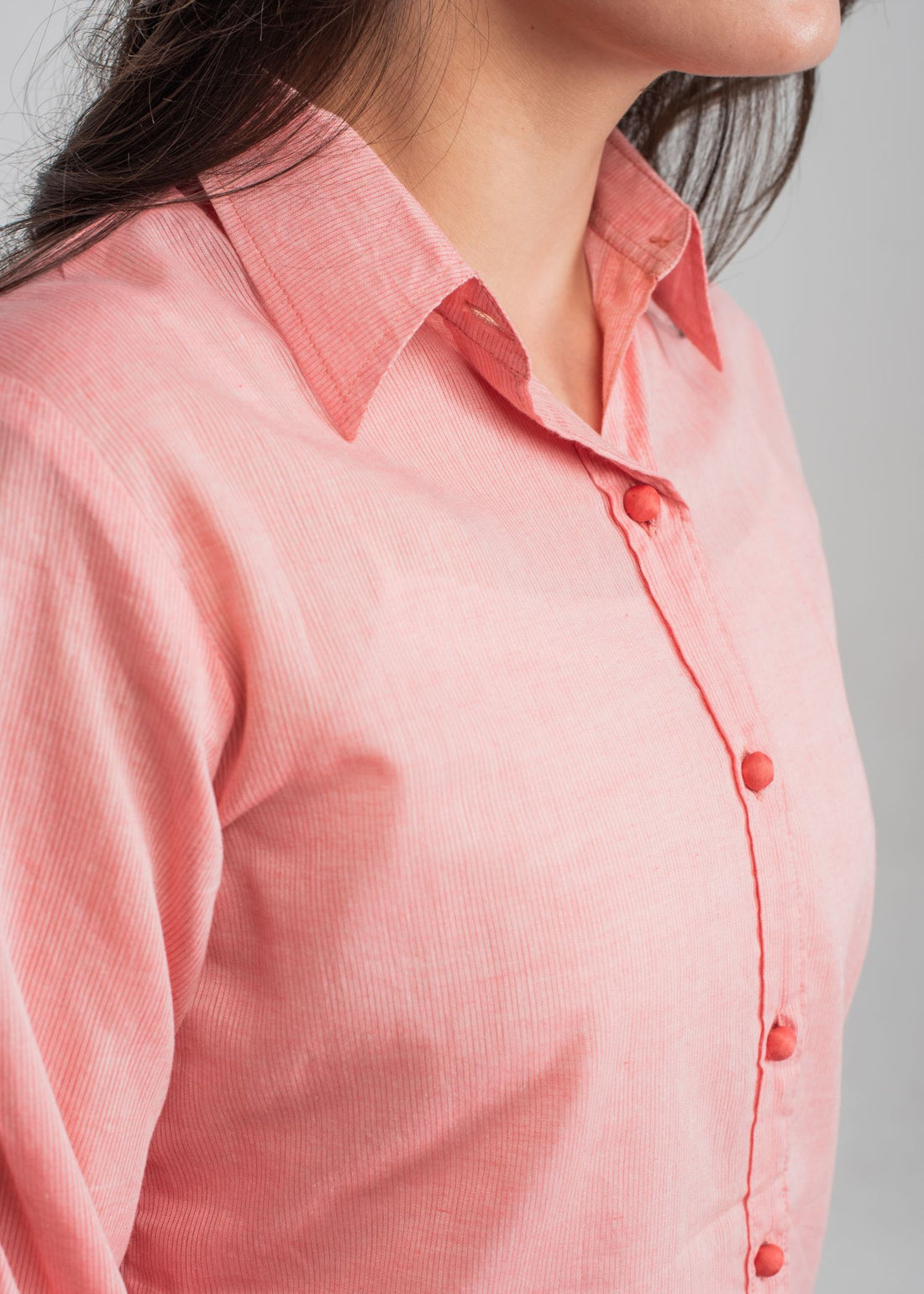 Women's Button Down Shirt in Peach Pink with Stringed Sleeves