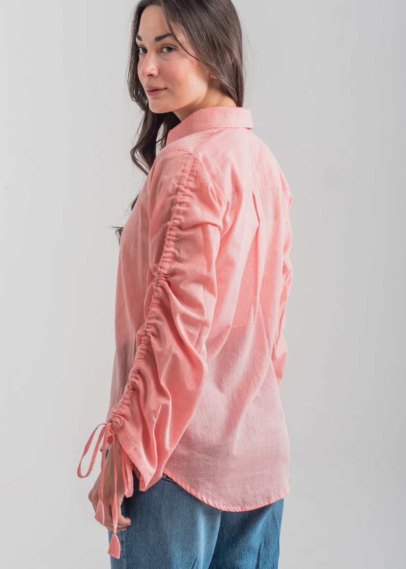 Women's Button Down Shirt in Peach Pink with Stringed Sleeves