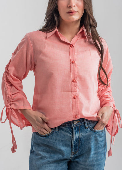 Women's Button Down Shirt in Peach Pink with Stringed Sleeves