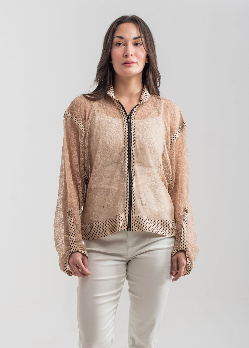 Women's Casual Blouse in Beige with a Geometric Pattern and a Black Collar
