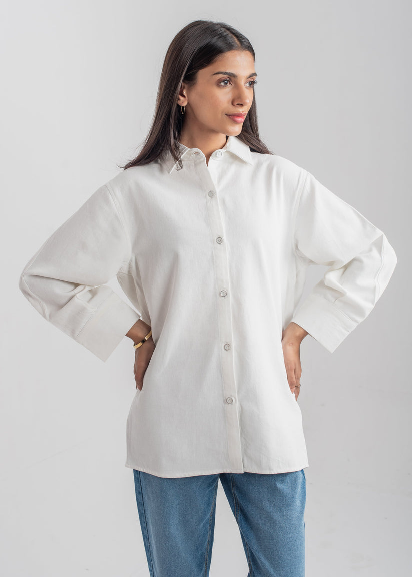 Women's Denim Button Down Shirt in White with a Collared Neckline and Buttons Down the Front