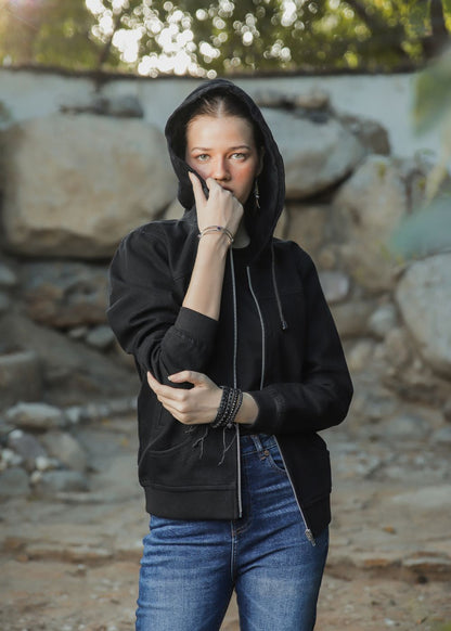 Women's Denim Hoodie in Black with Zipper