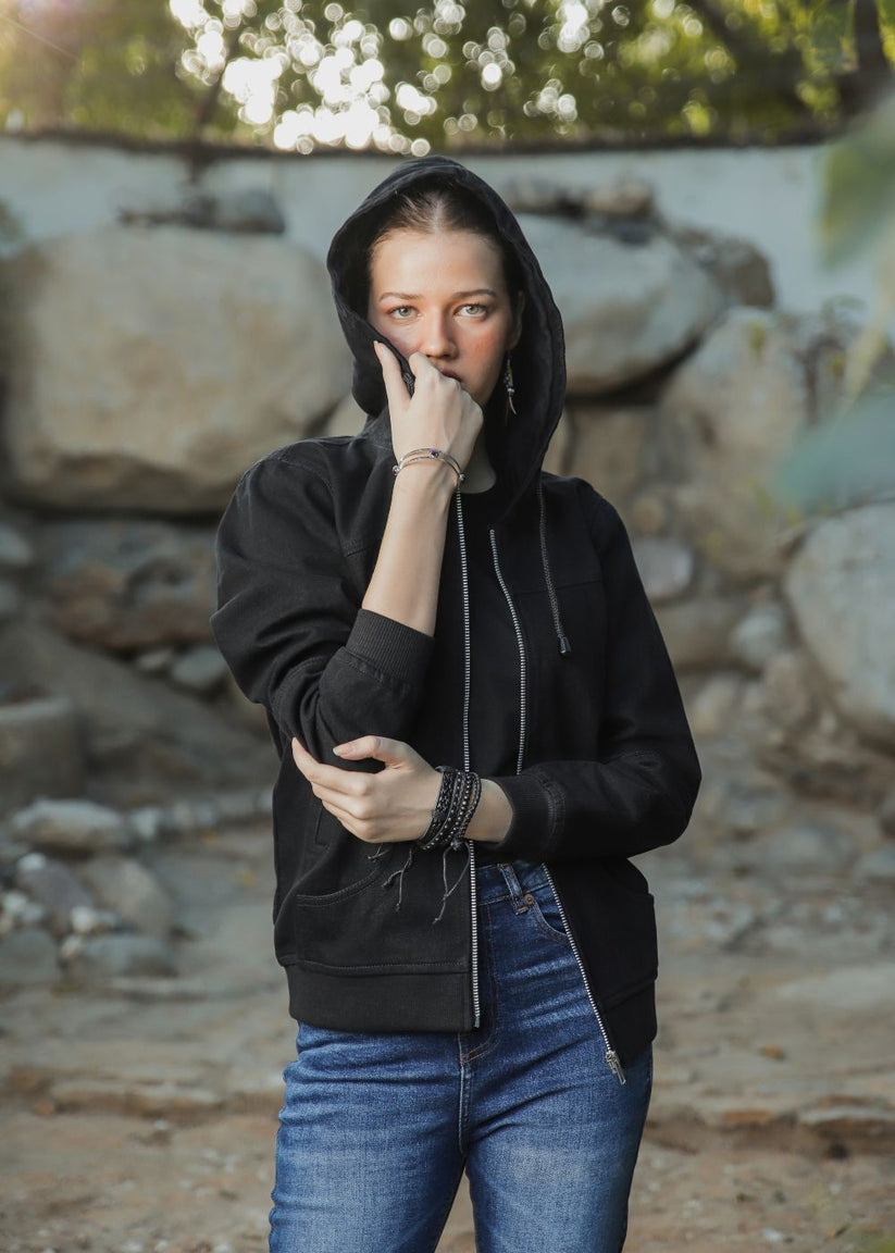 Women's Denim Hoodie in Black with Zipper