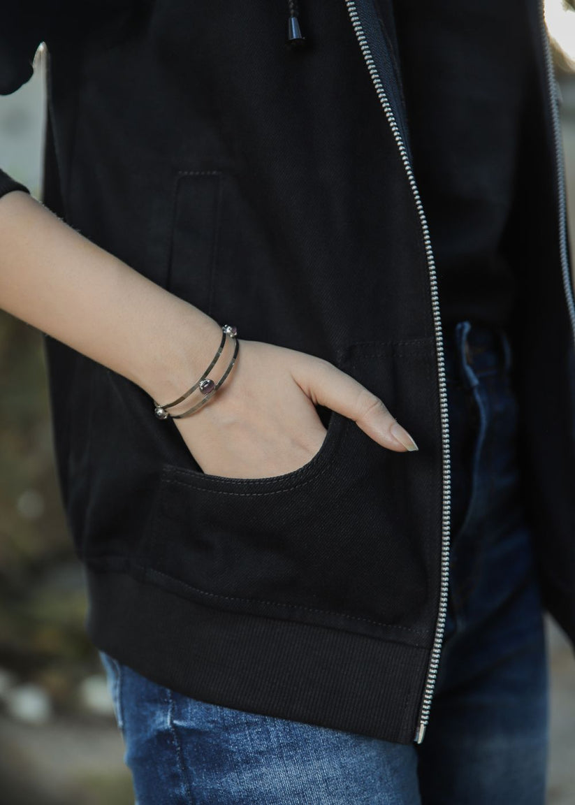 Women's Denim Hoodie in Black with Zipper