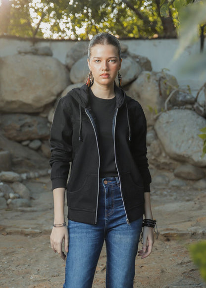 Women's Denim Hoodie in Black with Zipper