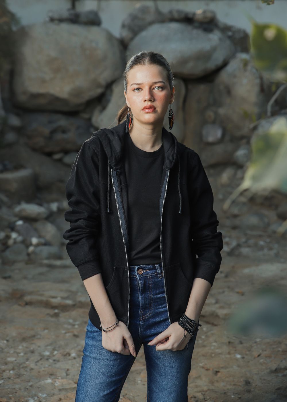 Women's Denim Hoodie in Black with Zipper