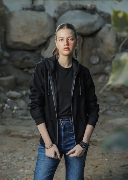 Women's Denim Hoodie in Black with Zipper