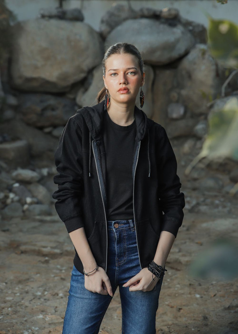 Women's Denim Hoodie in Black with Zipper