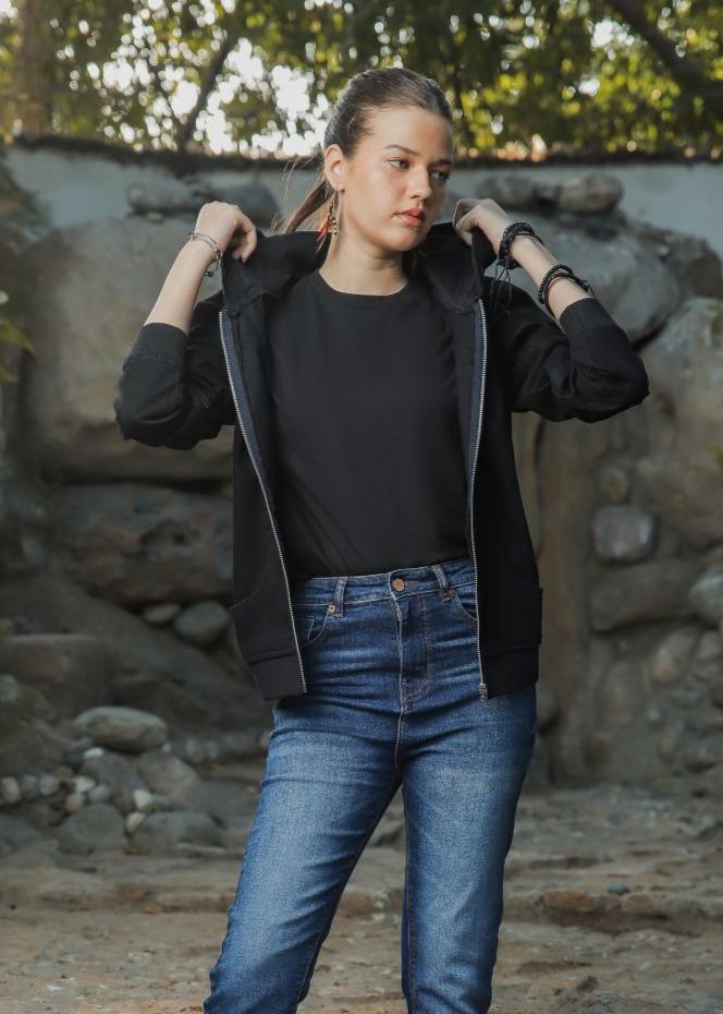 Women's Denim Hoodie in Black with Zipper