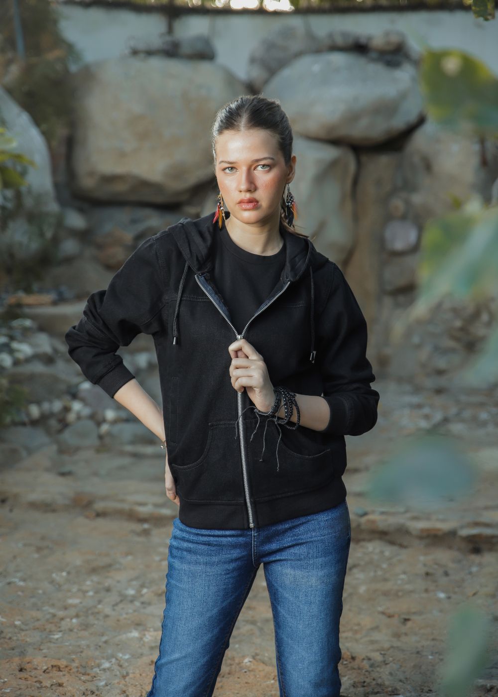 Women's Denim Hoodie in Black with Zipper