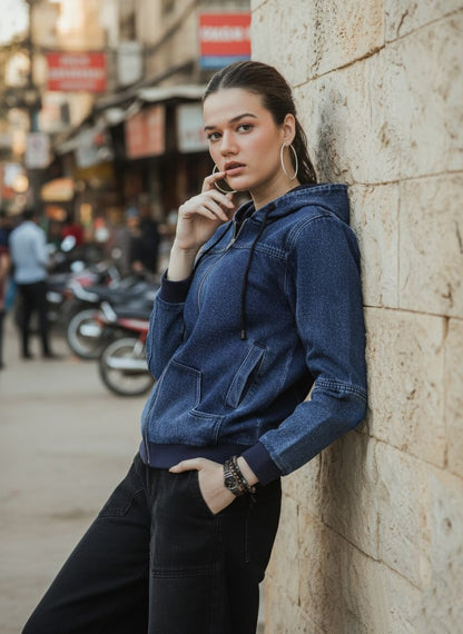 Women's Denim Hoodie in Blue with Zipper